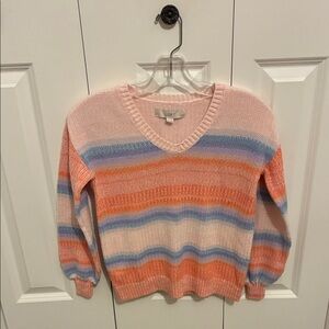 LOFT Petite V-Neck Sweater with Pink, Orange, and Blue Stripes. Snag in back